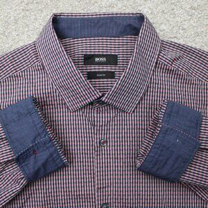 BOSS Hugo Boss Shirt Mens Large Red Nemos Slim Fit Flip Cuff Long Sleeve Button